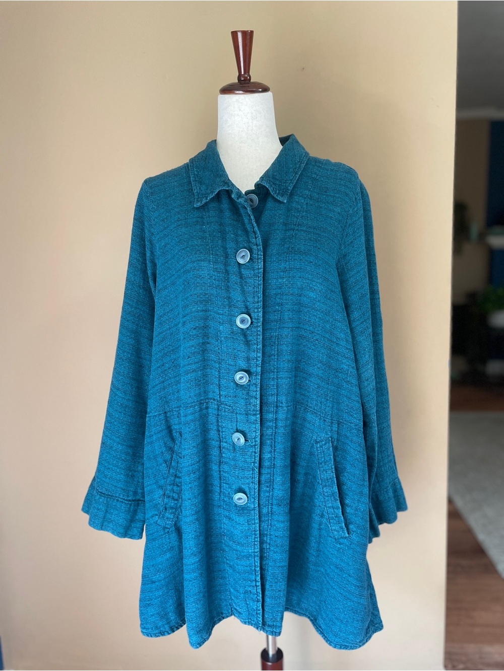 FLAX Linen Jacket Shacket Womens Medium Blue Teal Button Up Pockets Coastal #